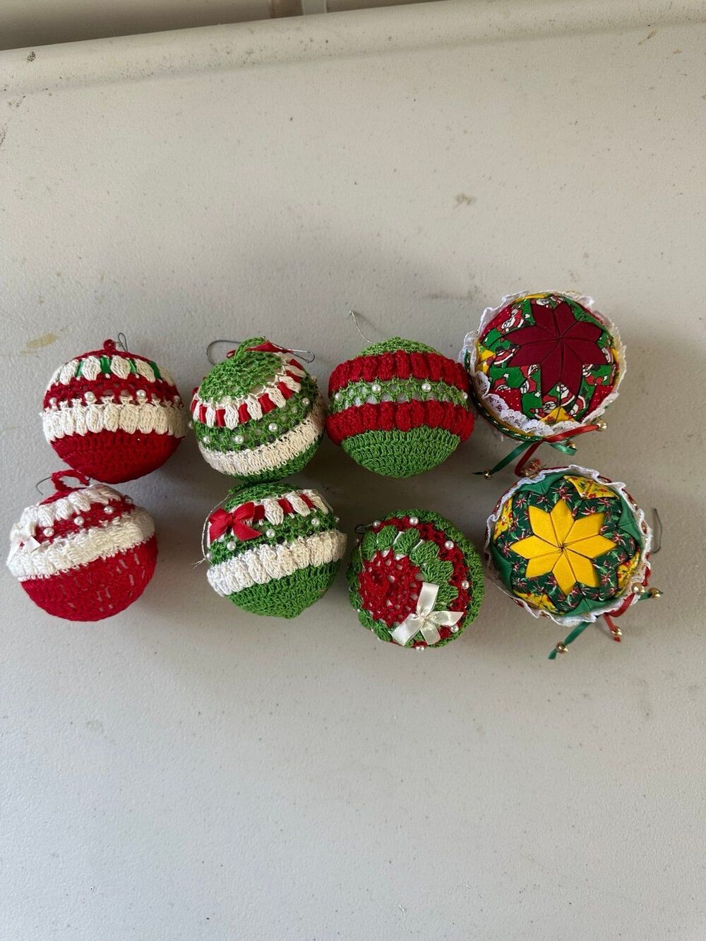 Handmade Lot Of 8 Crochet Quilted Folded Star Knitted Christmas Ornament Balls